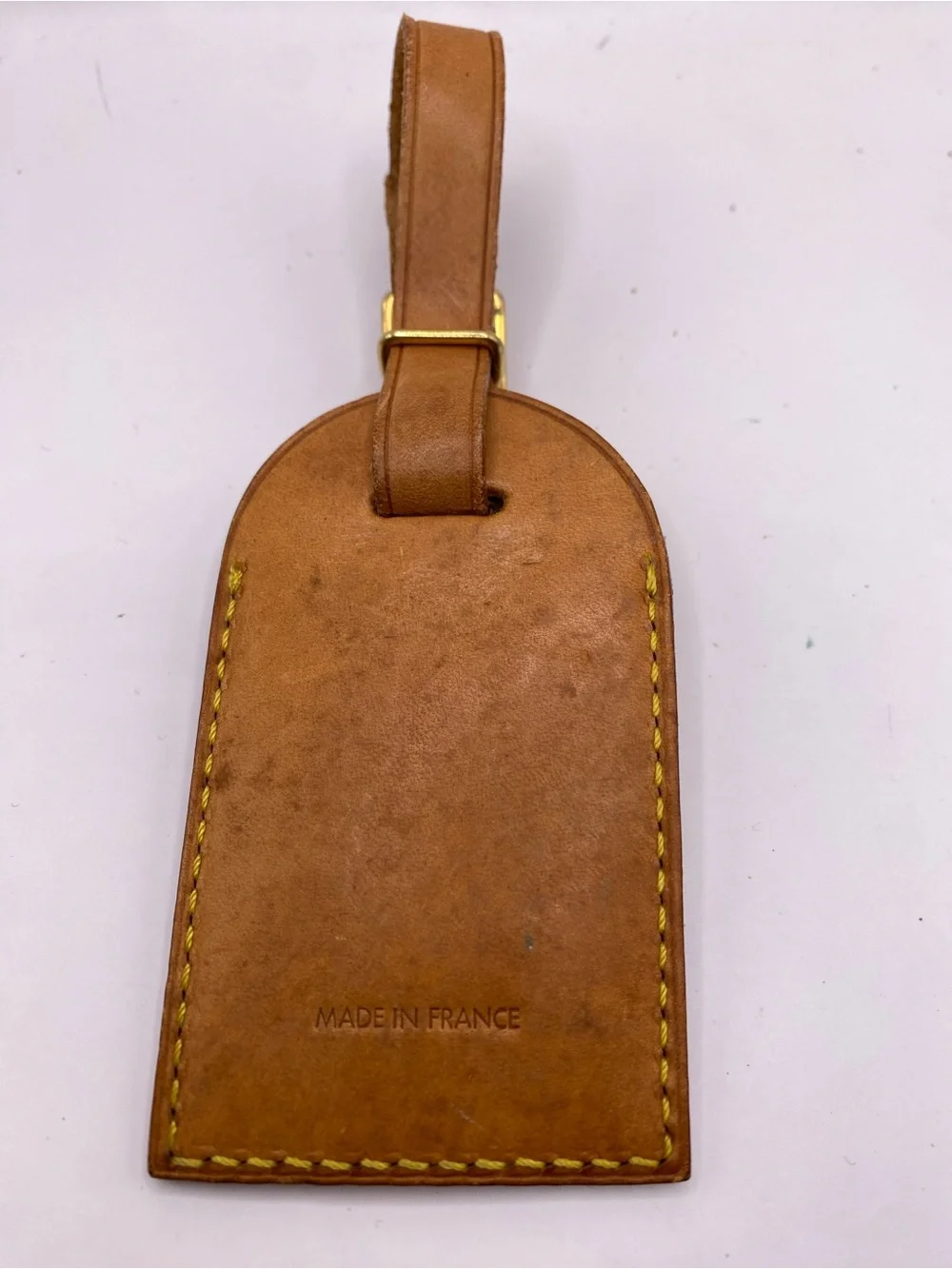 Louis Vuitton Brown Leather Luggage Tag with Yellow Stitching